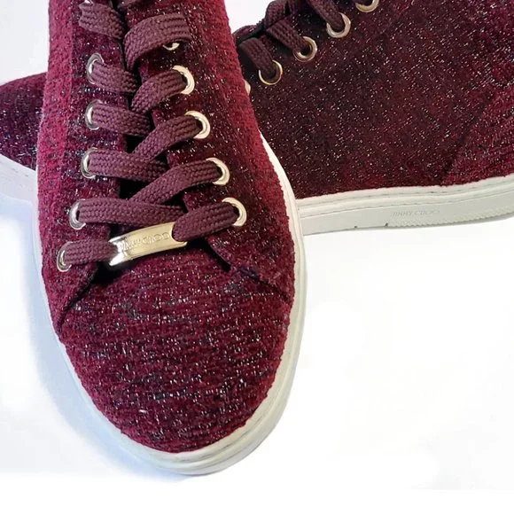 Jimmy Choo Metallic Tweed Burgundy Men 10 US 9 UK High Top Sneakers - Picture 3 of 7